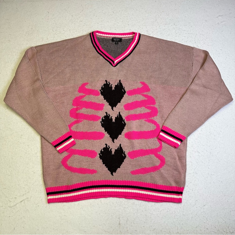 Pink and Black Heart Skeleton Pattern V Neck Knit Sweater Halloween Men’s XL